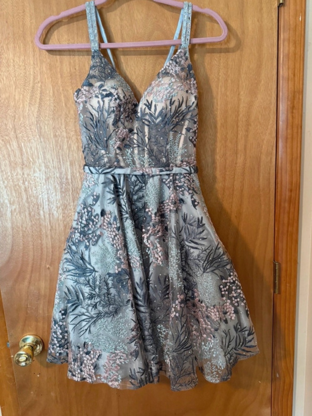 Floral Lace Fit-and-Flare Mini Dress in Dusty Blue and Blush